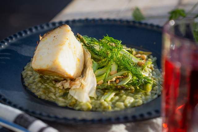 Vårrisotto med smörstekt hälleflundra 