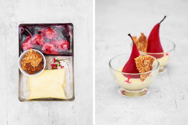 Bärmarinerade päron med creme anglaise och mandeltuille