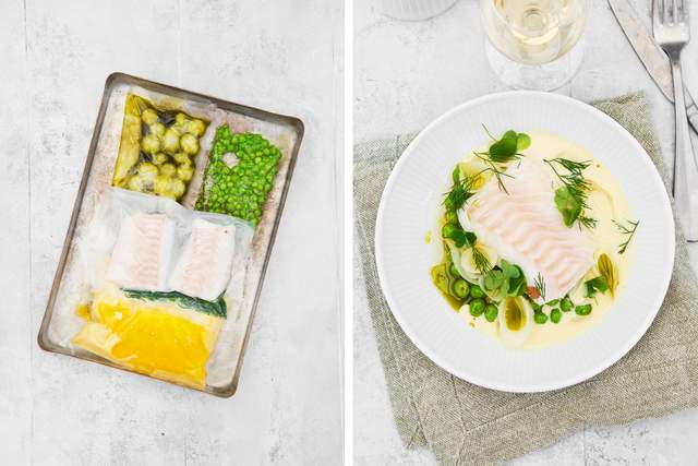 Torsk med blanquettesås, ärter, pärllök och dillolja